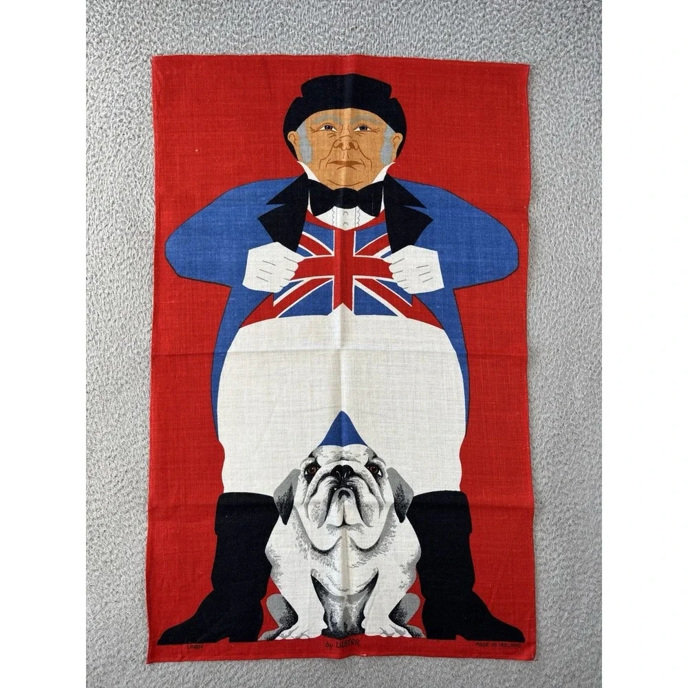 Vintage Ulster Linen Tea Towel John Bull Bulldog Union Jack UK England Vibrant